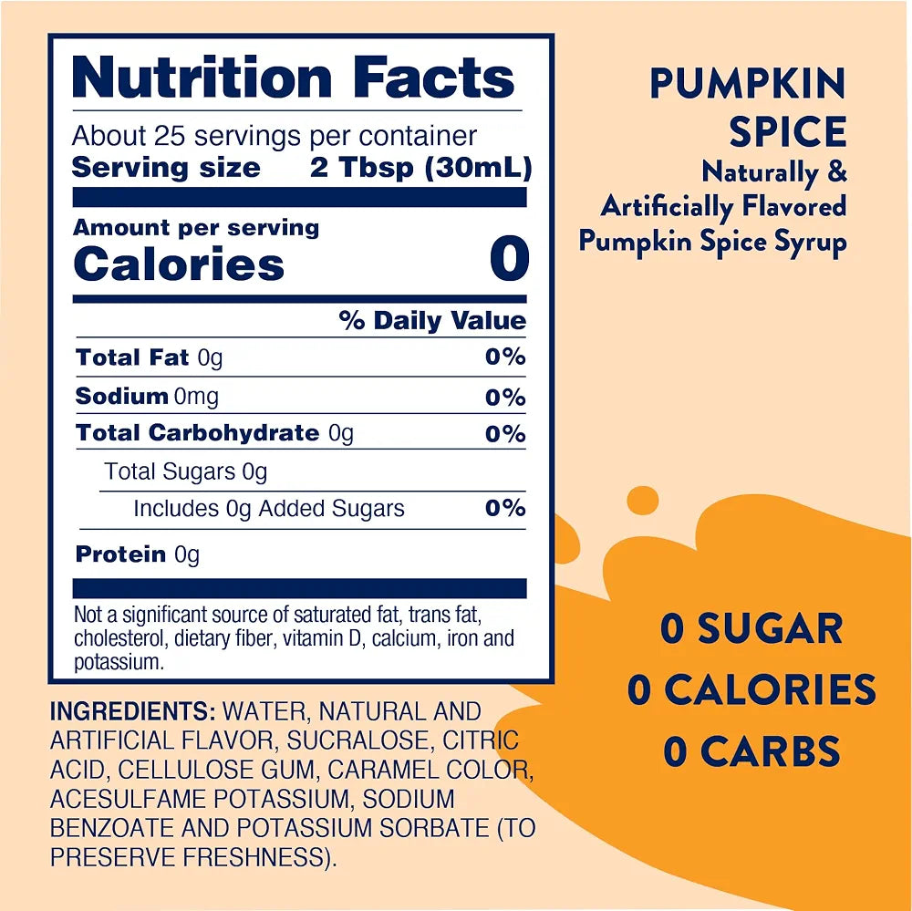 Jordan's Skinny Mixes Pumpkin Spice Coffee Syrup, 25.4 fl oz
0 calories, 0g sugar, 0g carbs per serving, Keto-friendly and kosher, Mixes into hot or iced lattes, cocktails, and baking