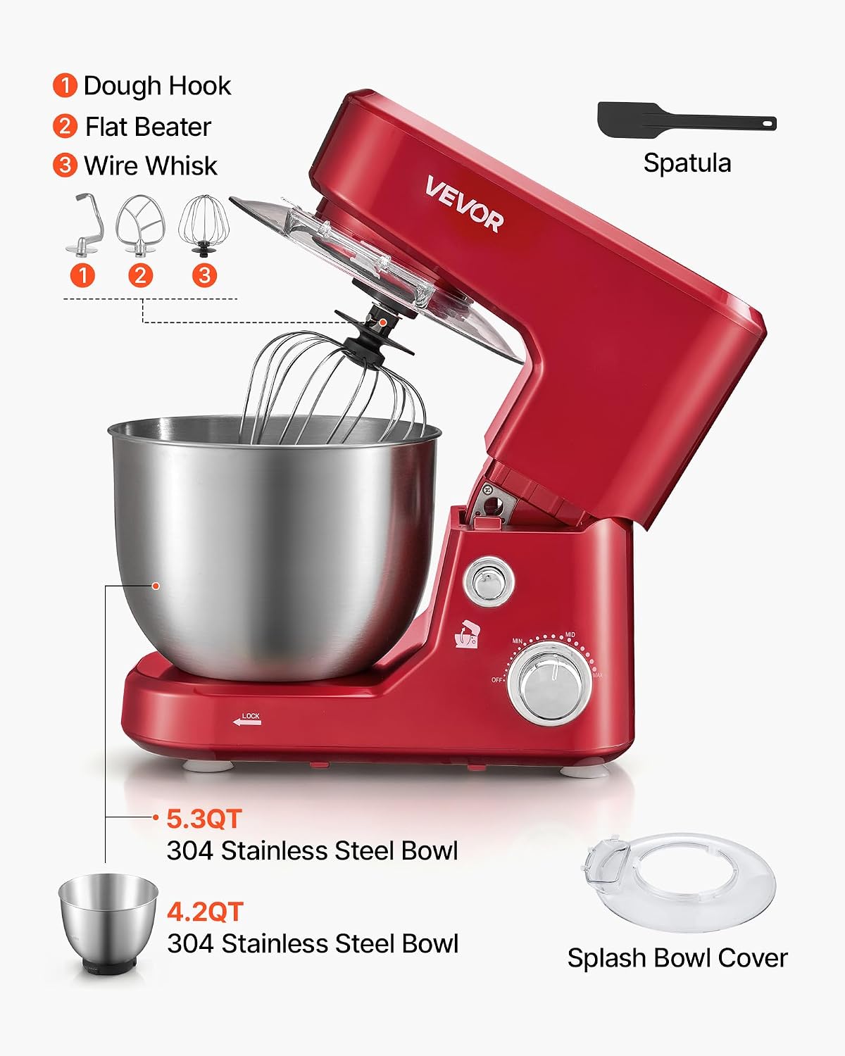 VEVOR 5.3+4.2 Qt Tilt Head Stand Mixer 400W Electric Dough Mixer, 3 Speeds Food Kitchen Mixer with Stainless Steel Bowl, Splash Guard, Dough Hook, Whisk, Beater, for Baking Mixing Whipping
Product Images and Videos (AI Generated Alt Text)