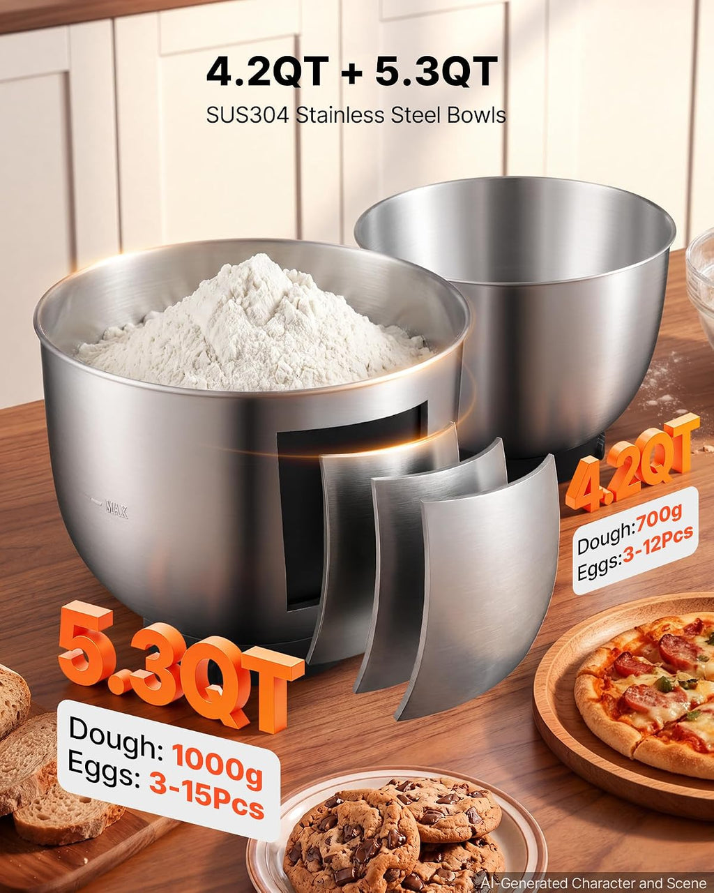 VEVOR 5.3+4.2 Qt Tilt Head Stand Mixer 400W Electric Dough Mixer, 3 Speeds Food Kitchen Mixer with Stainless Steel Bowl, Splash Guard, Dough Hook, Whisk, Beater, for Baking Mixing Whipping
Product Images and Videos (AI Generated Alt Text)