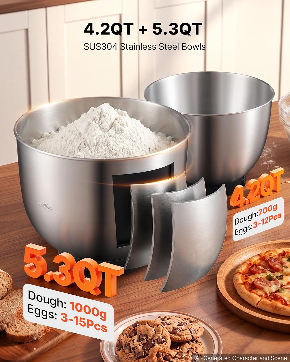 VEVOR 5.3+4.2 Qt Tilt Head Stand Mixer 400W Electric Dough Mixer, 3 Speeds Food Kitchen Mixer with Stainless Steel Bowl, Splash Guard, Dough Hook, Whisk, Beater, for Baking Mixing Whipping
Product Images and Videos (AI Generated Alt Text)