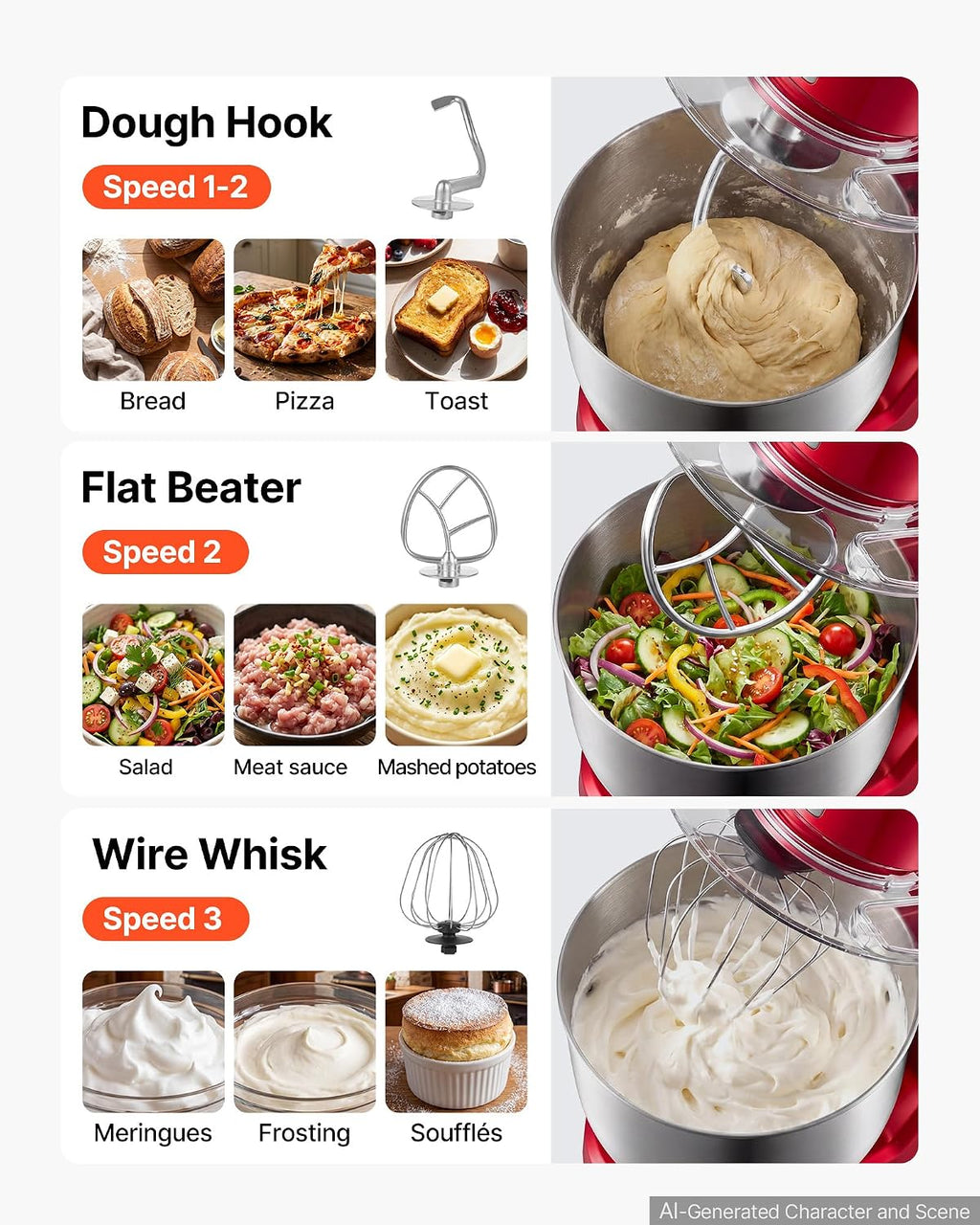 VEVOR 5.3+4.2 Qt Tilt Head Stand Mixer 400W Electric Dough Mixer, 3 Speeds Food Kitchen Mixer with Stainless Steel Bowl, Splash Guard, Dough Hook, Whisk, Beater, for Baking Mixing Whipping
Product Images and Videos (AI Generated Alt Text)